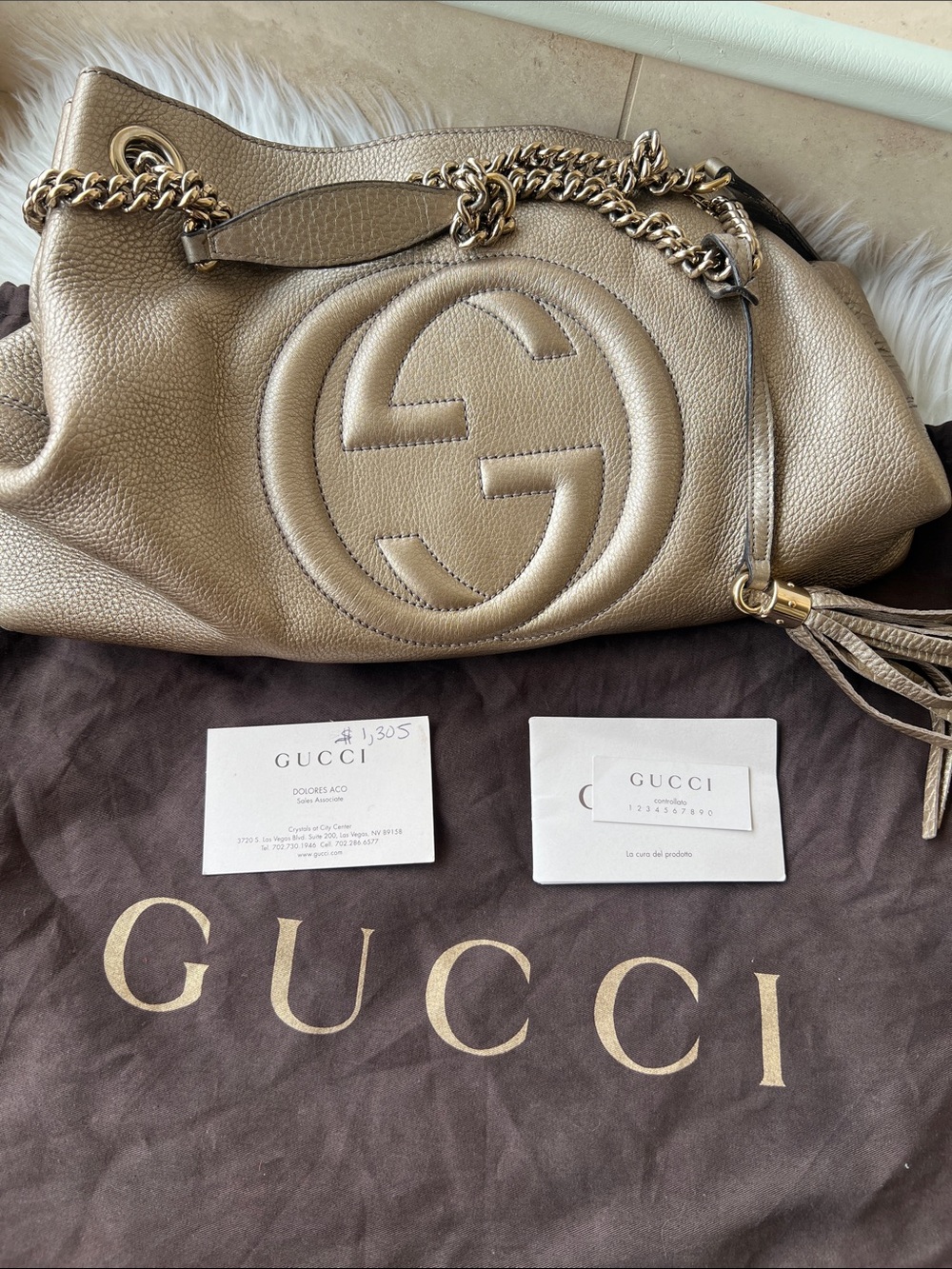 Gucci Metallic Bronze Pebbled Leather Shoulder Bag with Tassel